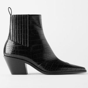 ZARA Black Croc Embossed Cowboy Heel Ankle Boots Size 7